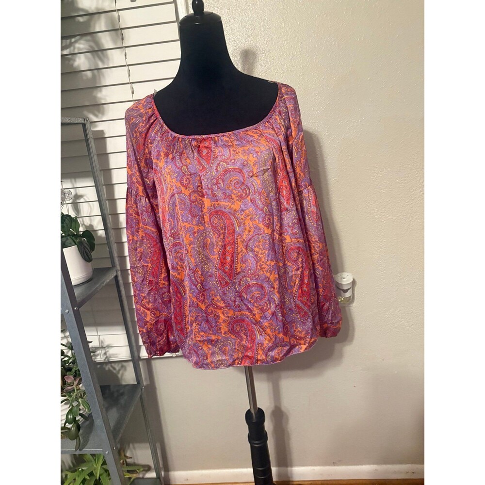 Kenar Paisley Satin Balloon Sleeve Scoop Neck Pink Top Size M